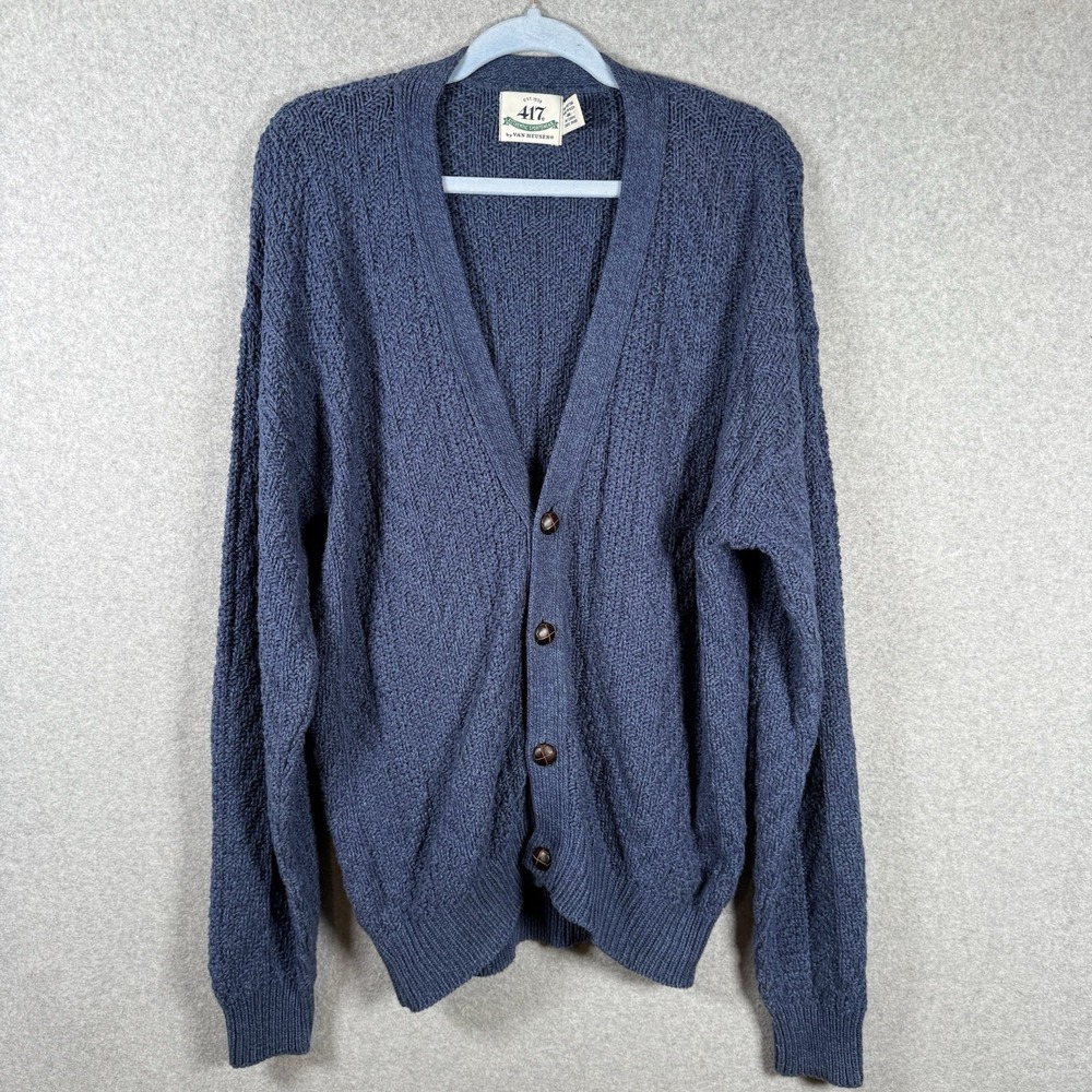 Van Heusen cardigan mens medium vintage 90s cable knit blue cotton sweater 417‎